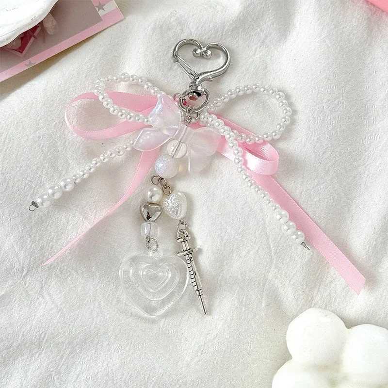 Creative Imitation Pearl Bow Bag Charm Key Ring Ribbon Heart Beaded Keychain Korean Backpack Pendant Y2k Pendant JewelryT251127