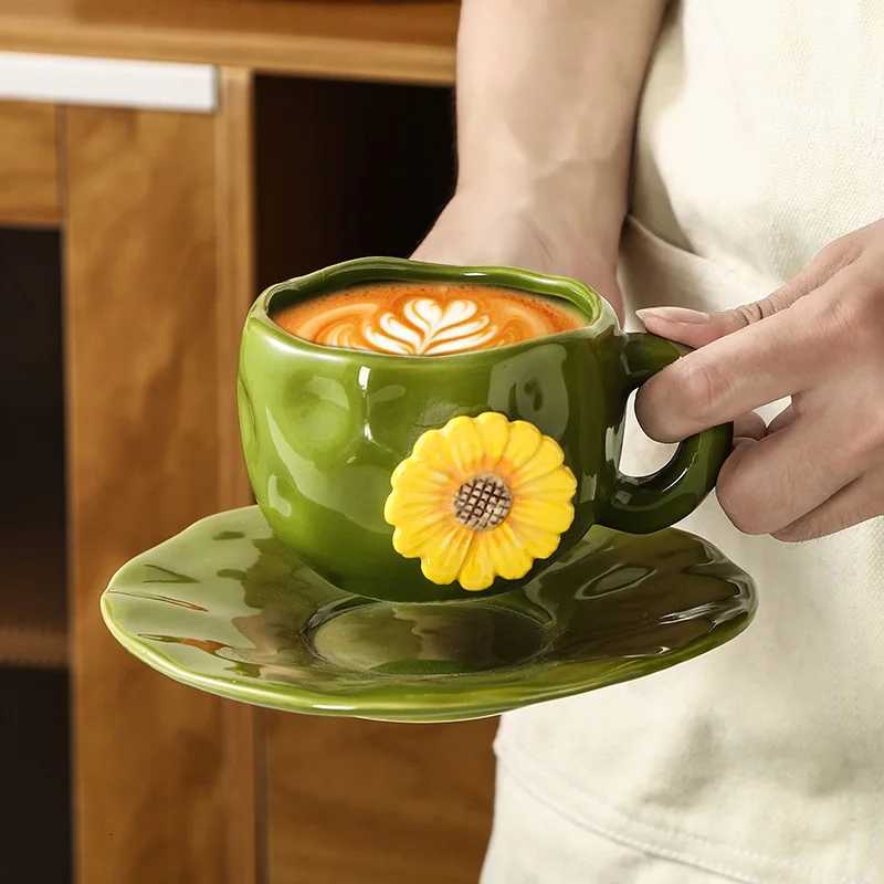 Creative Hand-held Embossed Flower Coffee Cup Home Ceramic Cup and Saucer Set Living Room Coffee Table Decoration Accessories C251127