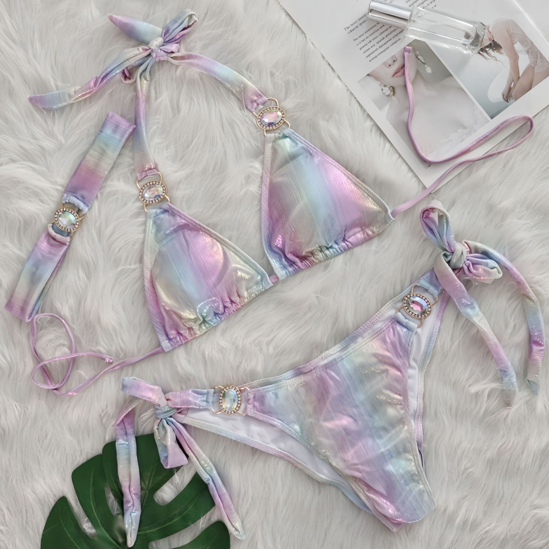 Women's Swimwear Sexy Green Gradient Bikini Set Women Luxury Rhinestone Push Up Band 3 Piece Swimsuit Bathing Suit Diamond Thong 2025