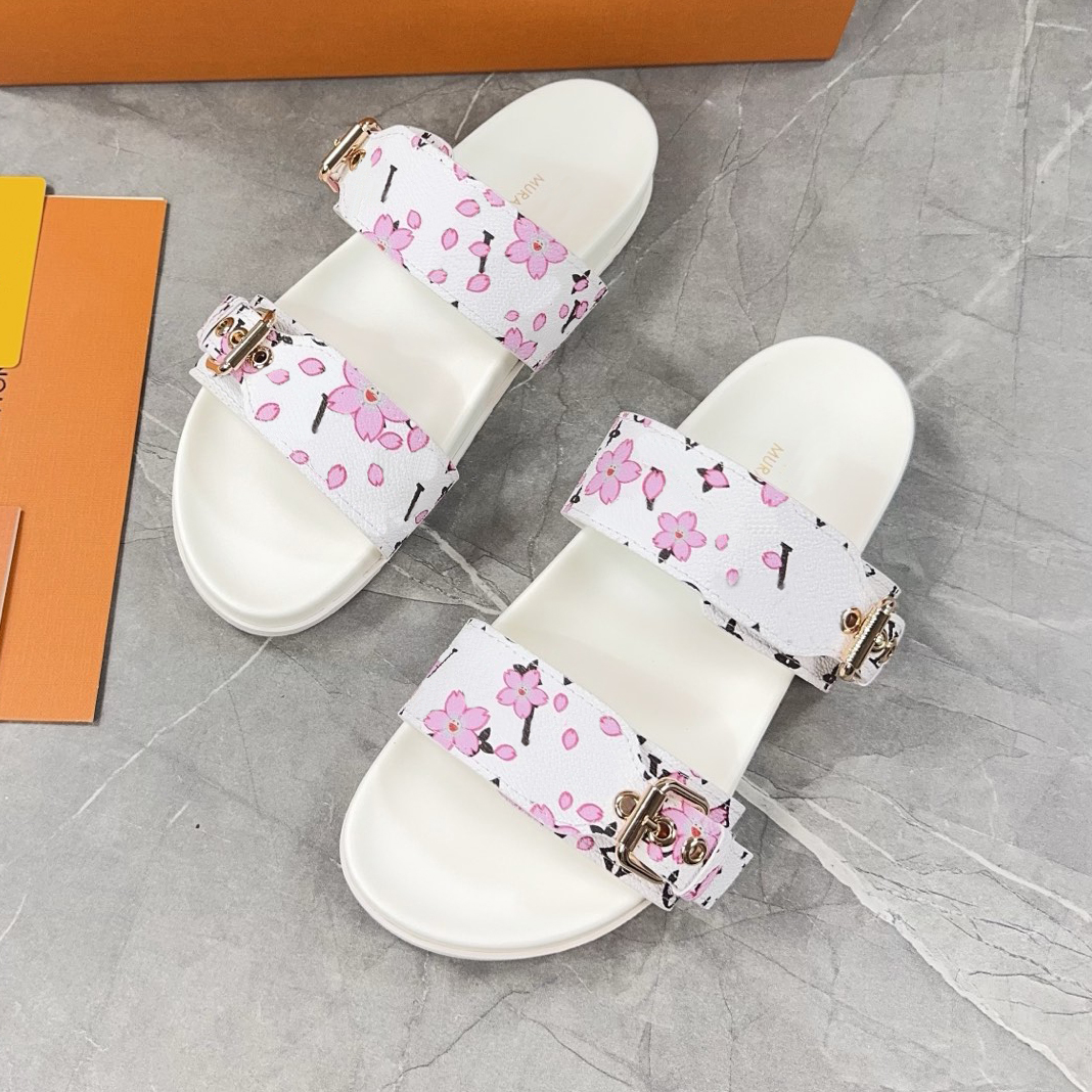 2025 Denim leather slide cherry blossom Sandale Designer Sandal Women Men Luxury Sliders sunset pool pillow Comfort Flat Mule slipper 11 Bom dia Beach shoes T251111