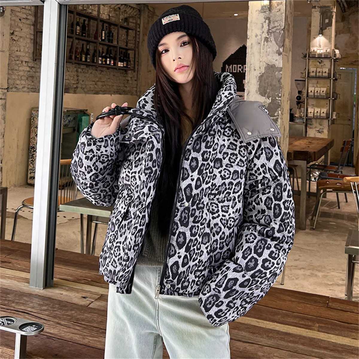 High Street Short Leopard Print Cotton Jacket Womens Hooded Fashion Casual Coat Korea Chic Streetwear Personalized Short ParkasXJ251127