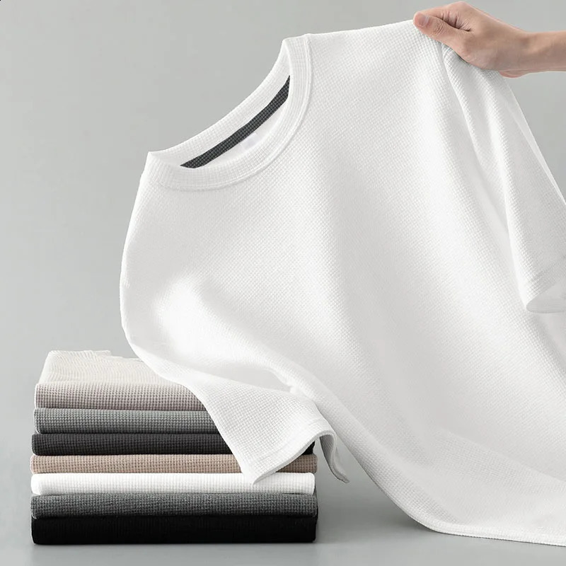 1 mens summer T-shirt mens short sleeved waffle solid T-shirt mens solid color casual tee round mens round neck fashionable top 250427