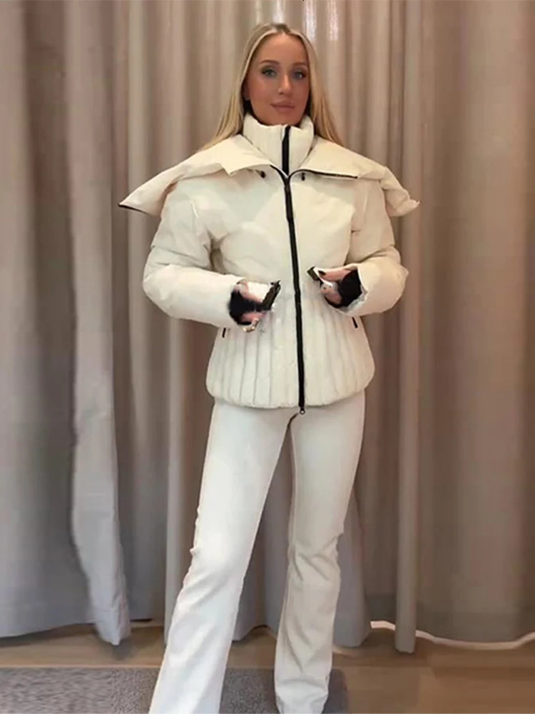 Women Hooded Tie-Waist Ski Suit Pink Flared Leg Fur Trim Water-Resistant Fabric 2025 Winter Outerwear Fashion Sweet Snow Suit 251126