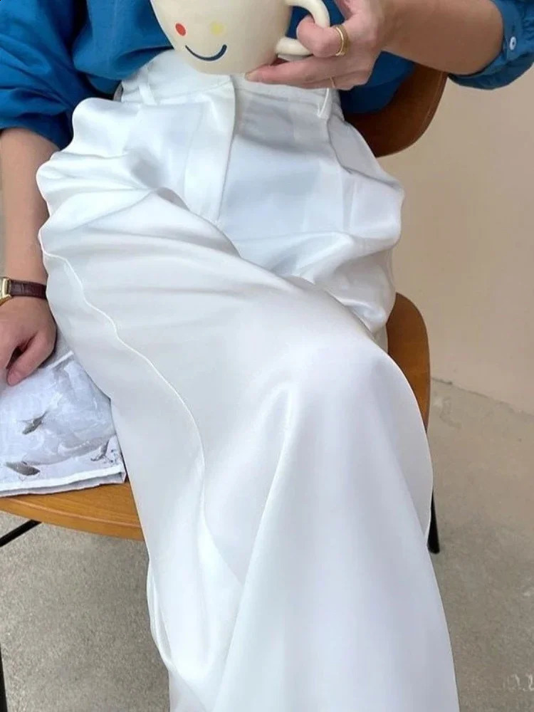 Satin wide leg womens high waisted summer silk suit straight pants elegant casual womens pants 250427