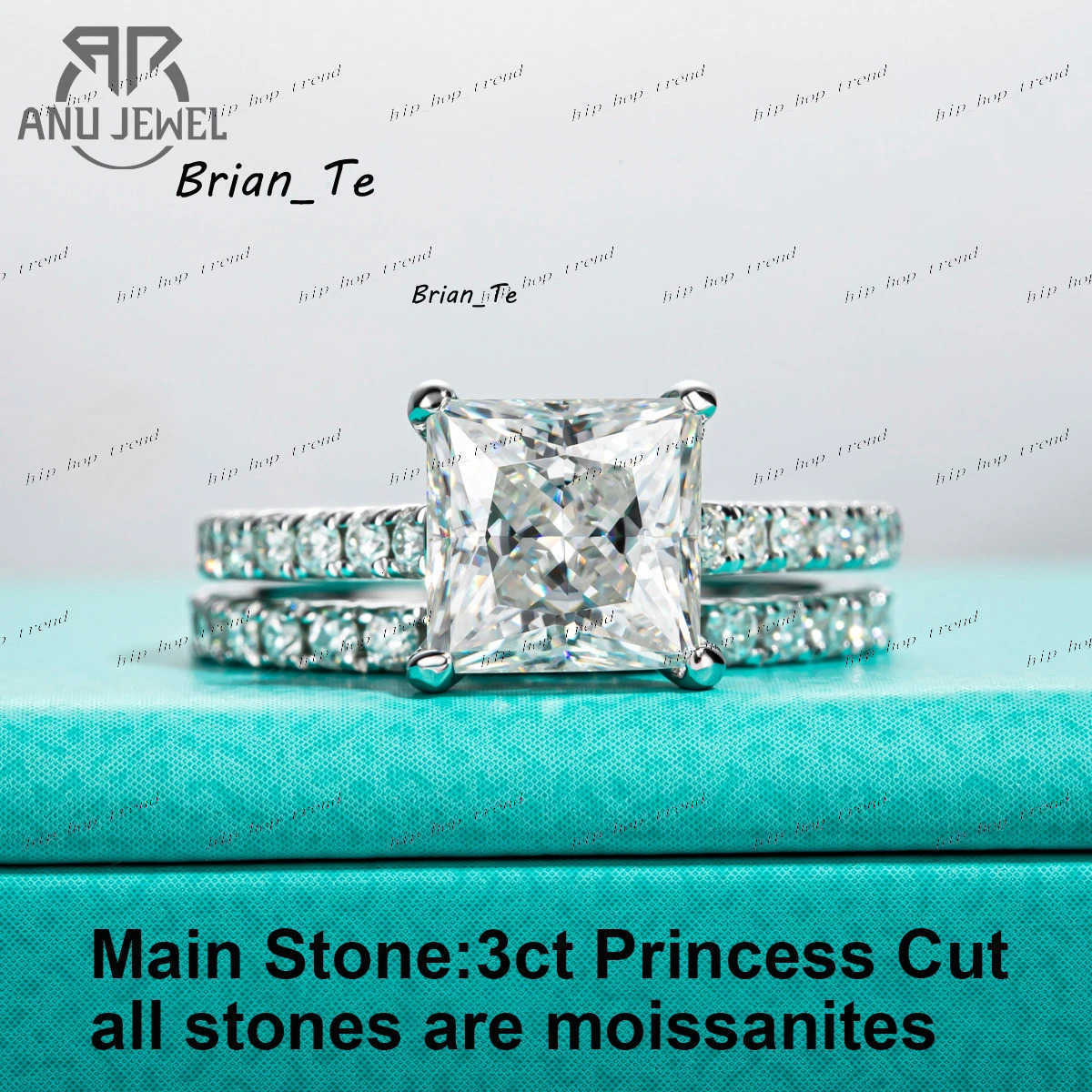 AnuJewel 3ct Princess Cut D Color Moissanite Engagement Ring Bridal Sets 925 Sterling Silver Wedding Band Ring Customs Jewelry