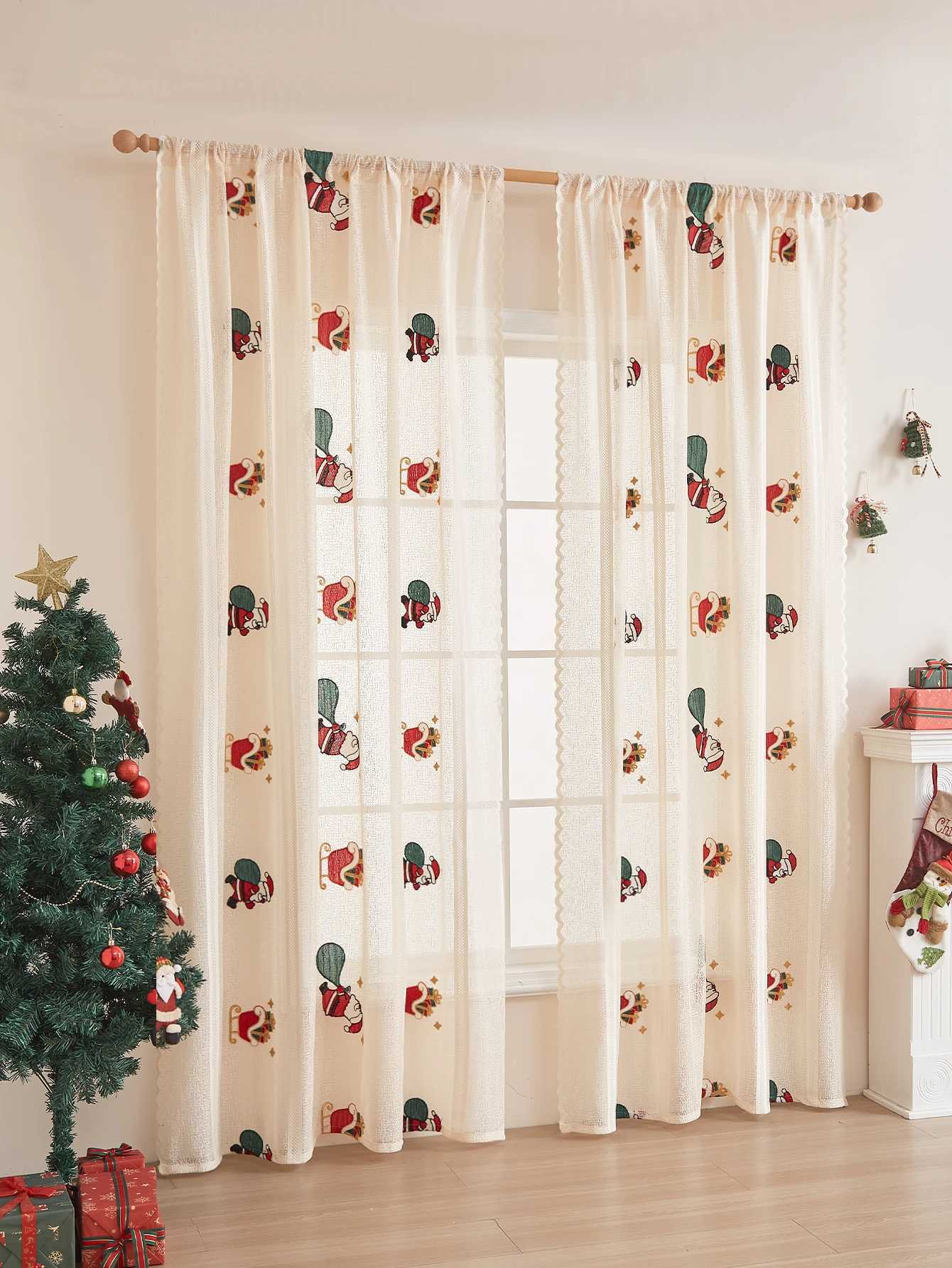 Curtain Christmas Khaki embroidered Santa Claus pole curtains party and holiday atmosphere curtains Y251126