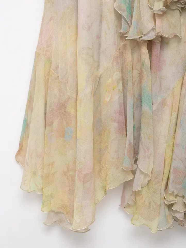 KONDALA Vintage Flower Print Long Skirts High Waist Ruffles Chiffon Skirts Fashion 2025 Autumn Boho Holiday Party Skirts 251126