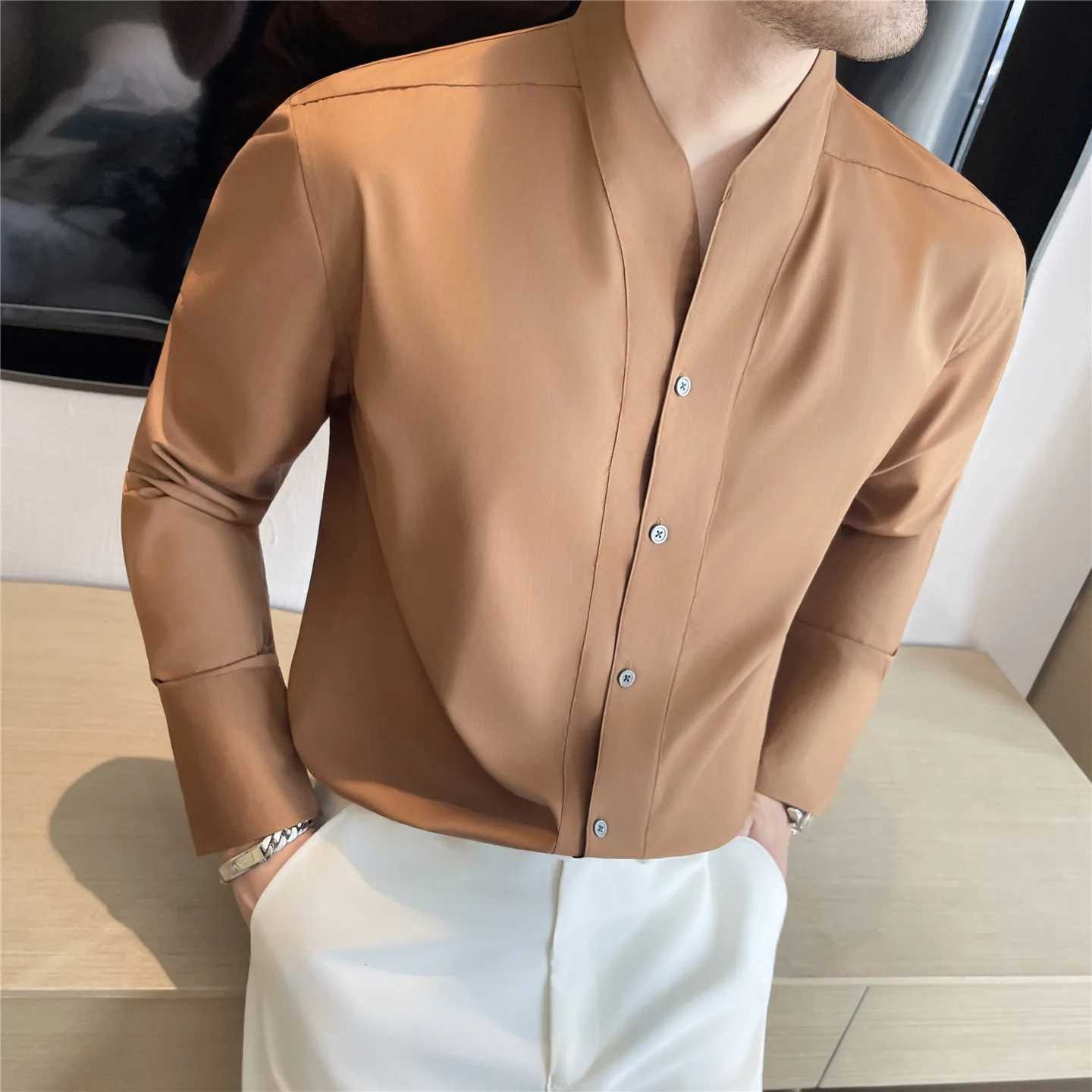 French Shirts Men Collarless Long Sleeve Solid Color Casual Shirt Mens Business Style Spring Autumn Daily BlouseW251127