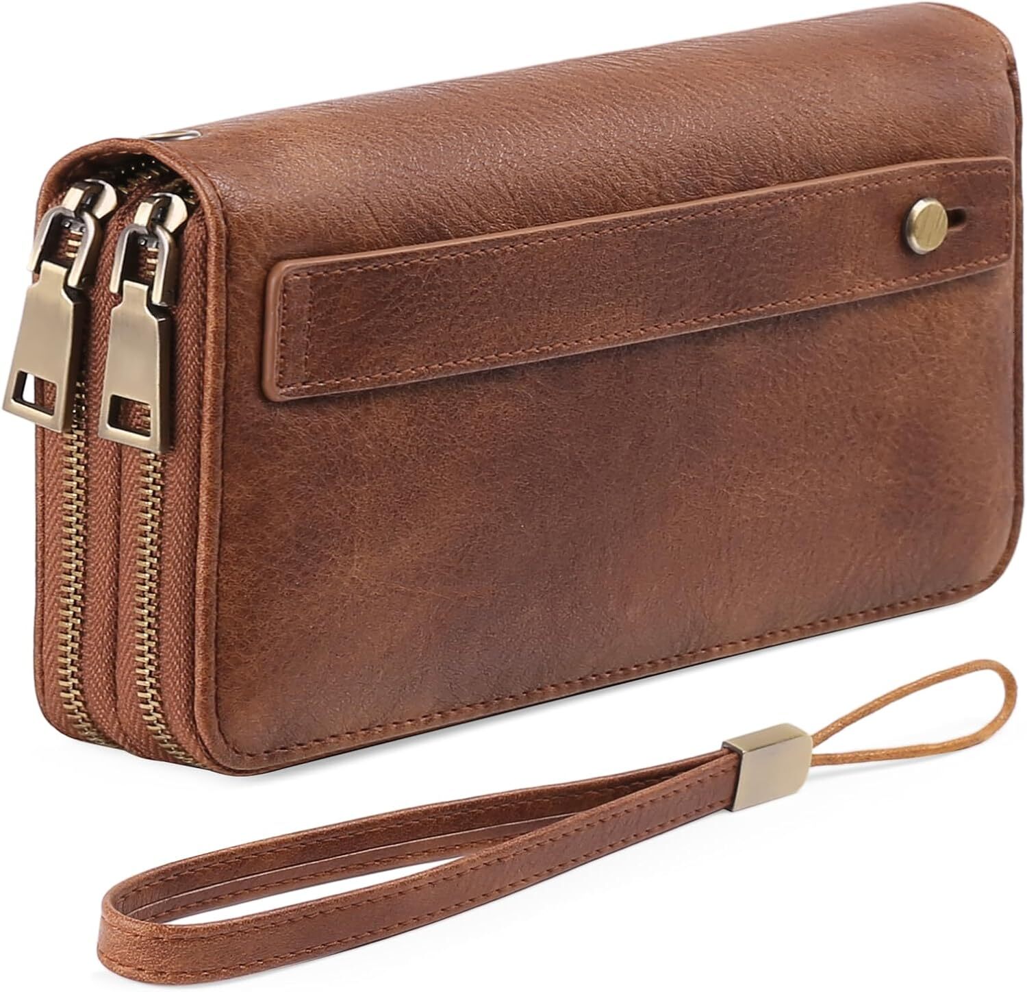 GAEKEAO Women's RFID Shielded Leather Wristband Wallet Large Capacity Credit Card Bag with Hand Strap, A01 Brown, Classic