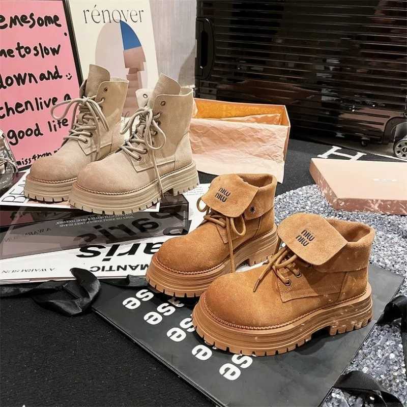 2025 New Suede Leather Thick Sole Ankle Boots Lace-up Round Toe Block Chunky Heel Solid Fion Wens Fion Short Boots Y251126