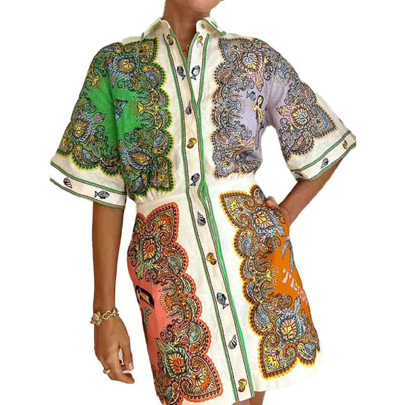 2025 new women's collar single breasted long sleeved temperament printed dress for women