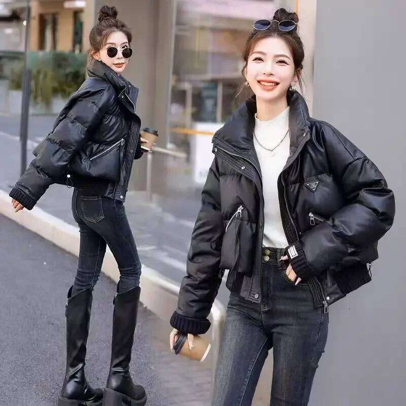 Korean Stand Collar Cropped Jacket Winter Coat Women's Clothing Trend Puffer Jackets Warm Streetwear Knit Patchwork Long Sleeve