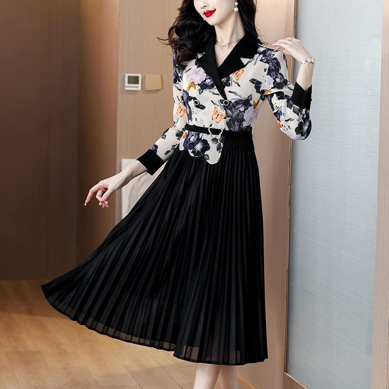 Spring plus size women's clothing 2025 suit collar dress with print, stylish and slimming style D02307