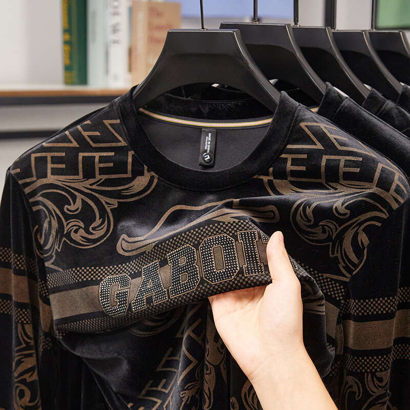 Trendy Brand Light Luxury Velvet Sweatshirt Slim Fit Jacquard Autumn New Men's Long Sleeve T-Shirt Casual Base Shirt