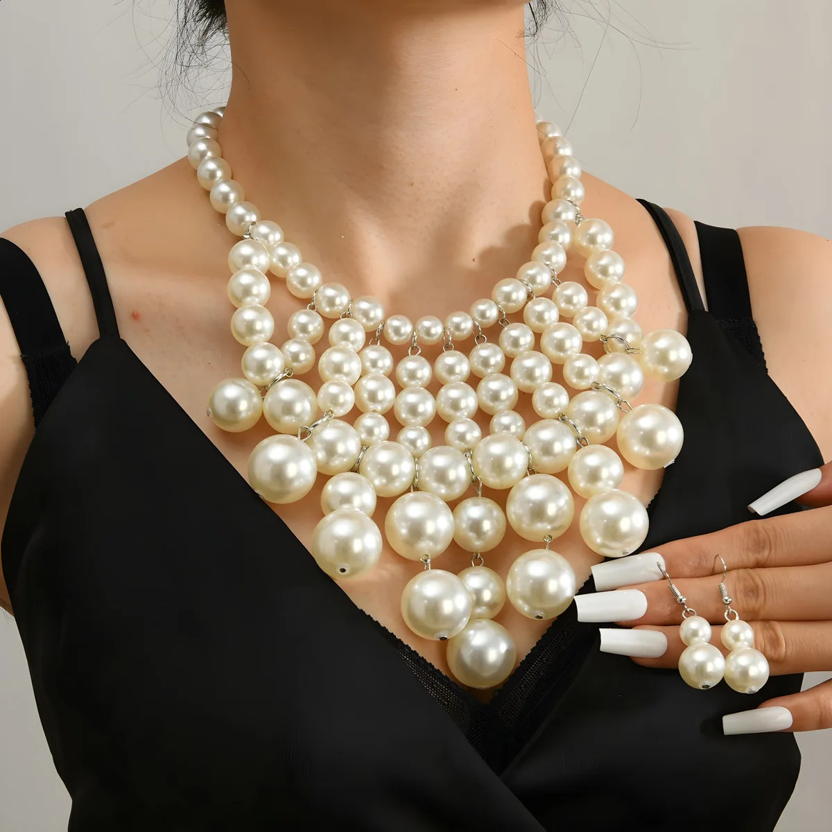Bridal Jewelry Set Trendy Multi Layer Handmade Large Pearl Statement Necklace And Earrings Women Party Accessories 250425