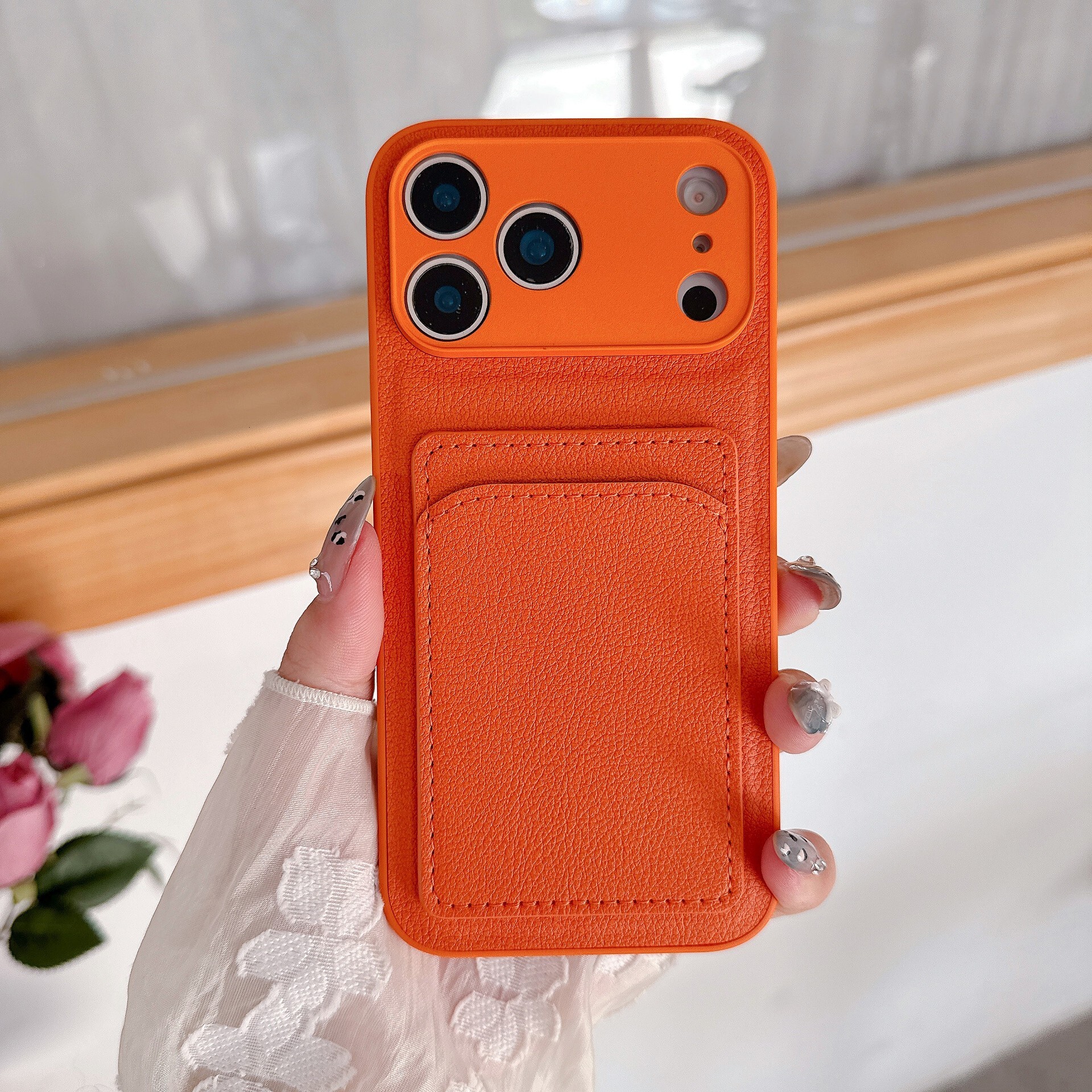 Orange Plain Leather Card Holder iPhone 17 Pro Max Phone Case Compatible with Apple 16 Pro Simple 15 Solid Color Business