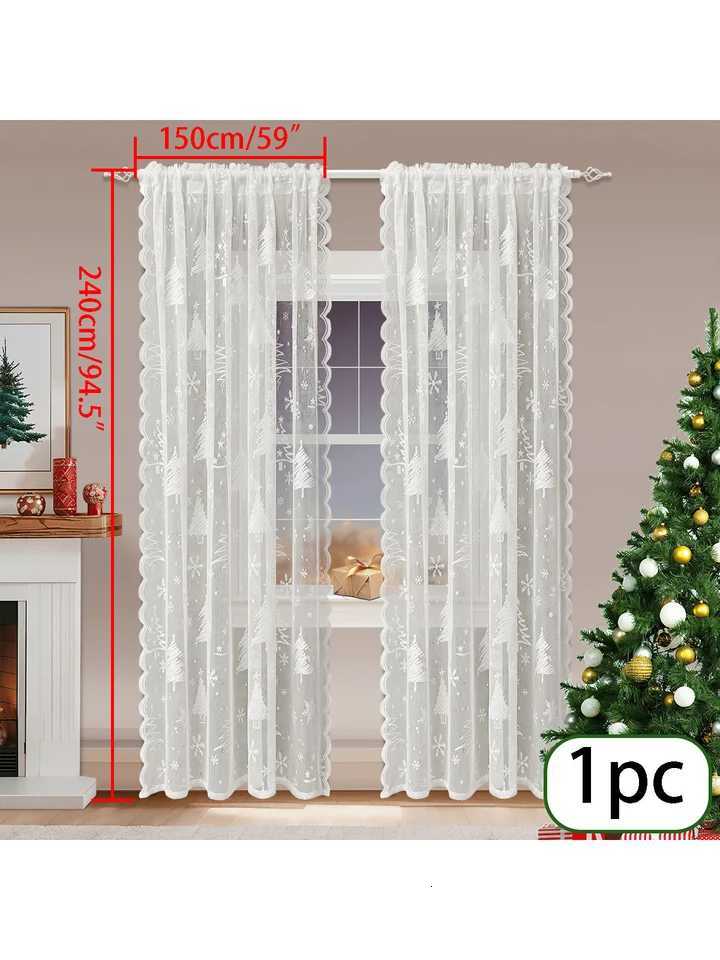 Curtain Christmas 1pc White Christmas Tree Lace Sheer Curtain Festive Window Decor for Holiday Living Room Bedroom Y251126