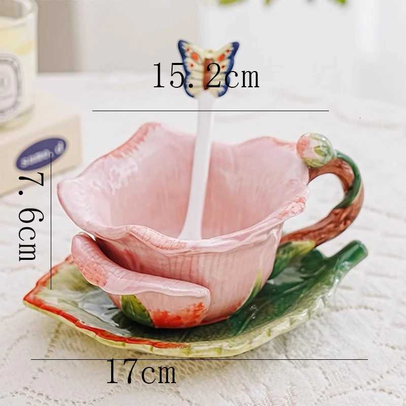 Creative Rose-shaped Ceramic Coffee Mug and Saucer Afternoon Tea Cup Floral Tea Cup Exquisite Flower-shaped Breakfast Milk Mug C251127