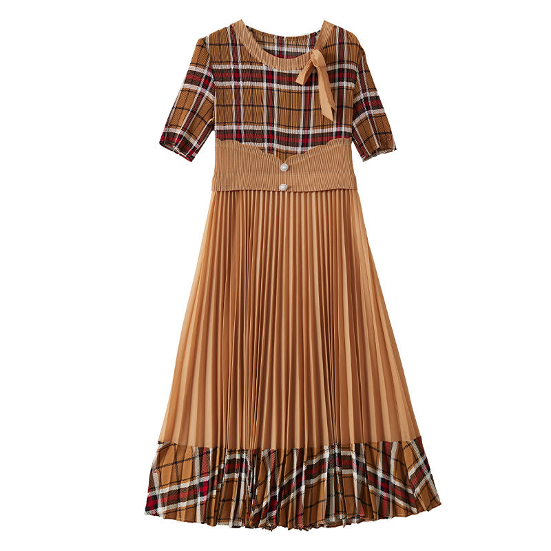 Large size women's Miyake dress summer new style patchwork waist slim temperament medium long style D02308