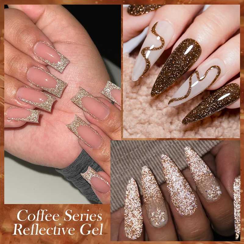6pcs Coffee Brown Reflective Glitter Gel Nail Polish Set Dark Flashy Semi Permanent Soak Off UV Gel Varnish Nail Supplies SalonT251127