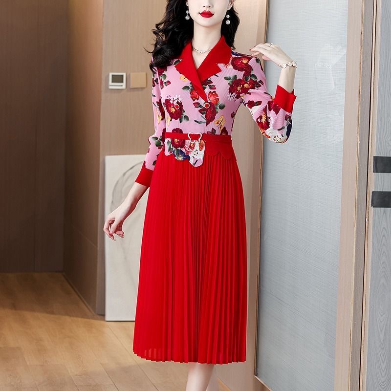 Spring plus size women's clothing 2025 suit collar dress with print, stylish and slimming style D02307