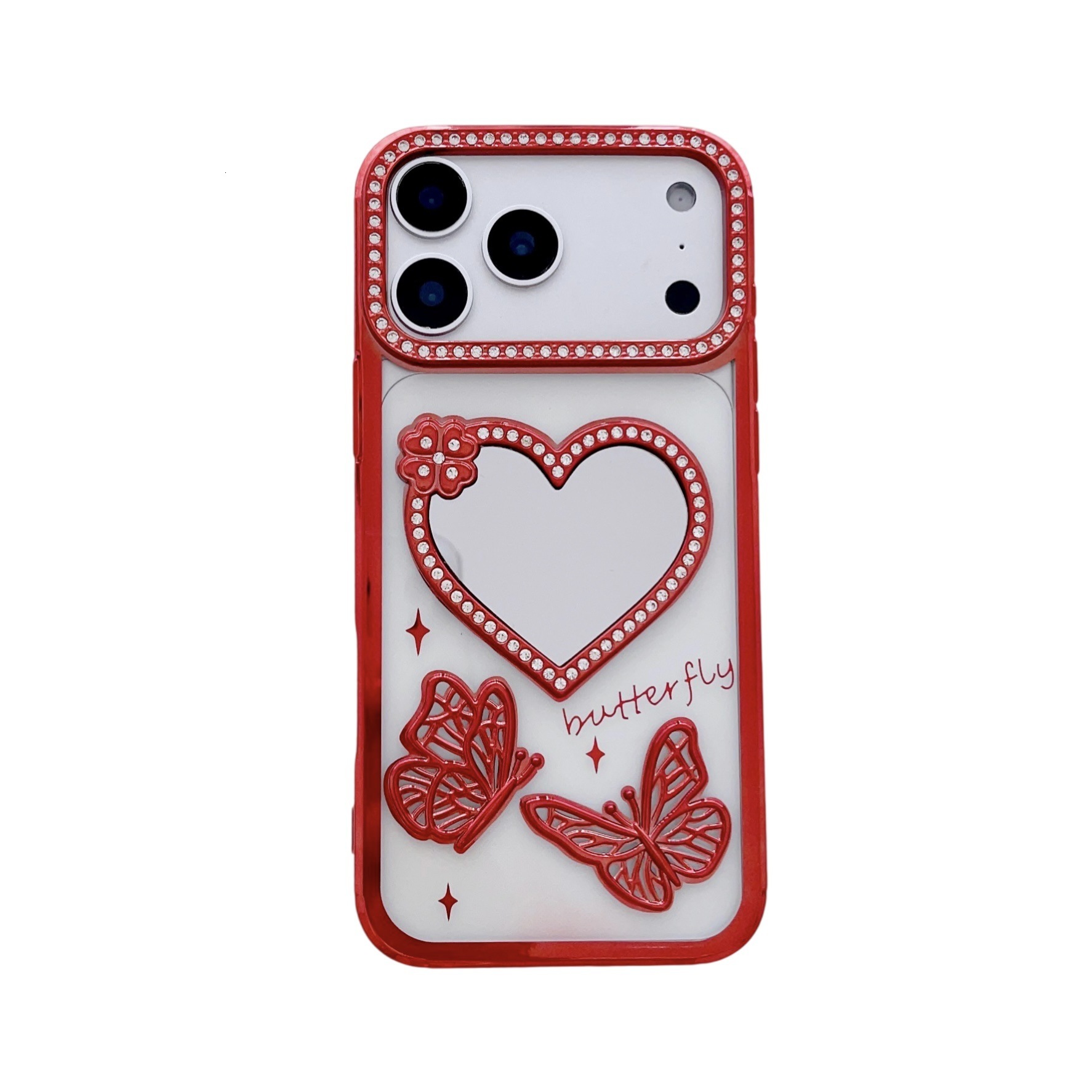 Electroplated Rhinestone Heart Mirror Butterfly Phone Case iPhone 17 Pro Max Compatible with Apple 16/15 Pro Soft Case