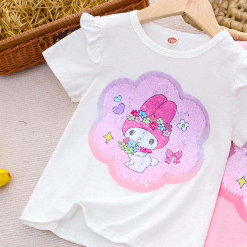 Disney Girls' Baby Designer Clothing Little Girl Summer T-Shirt Children's Pattern Reversible Color Changing Sequin Short Sleeve Soft and Co
