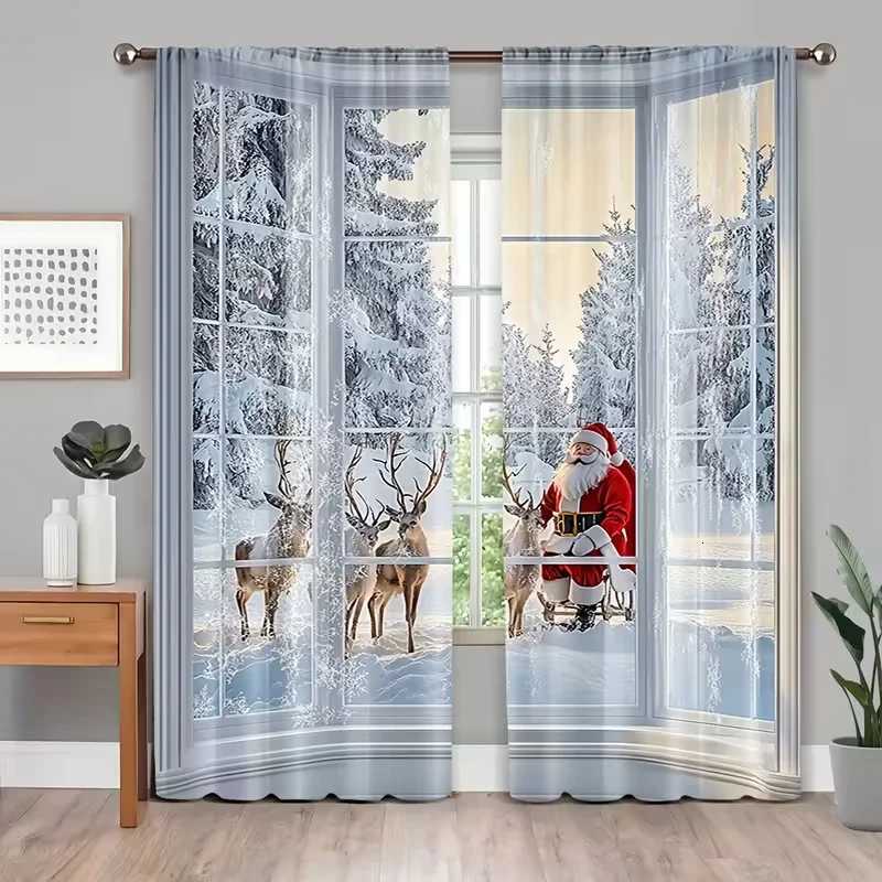 Curtain Christmas 2pcs Peaceful Santa Reindeer Pattern Curtains Serene Design Light - Filtering Polyester Curtains for Christmas Home Windows Y251126