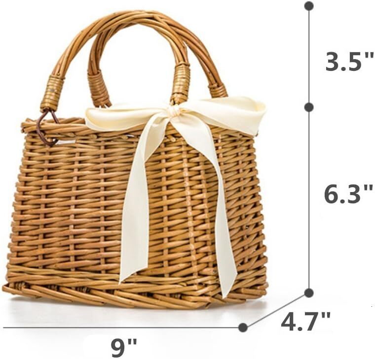 Bow woven rattan straw top handle wicker basket handbag bohemian style beach bag wer basket, brown