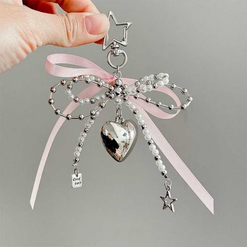 Creative Imitation Pearl Bow Bag Charm Key Ring Ribbon Heart Beaded Keychain Korean Backpack Pendant Y2k Pendant JewelryT251127