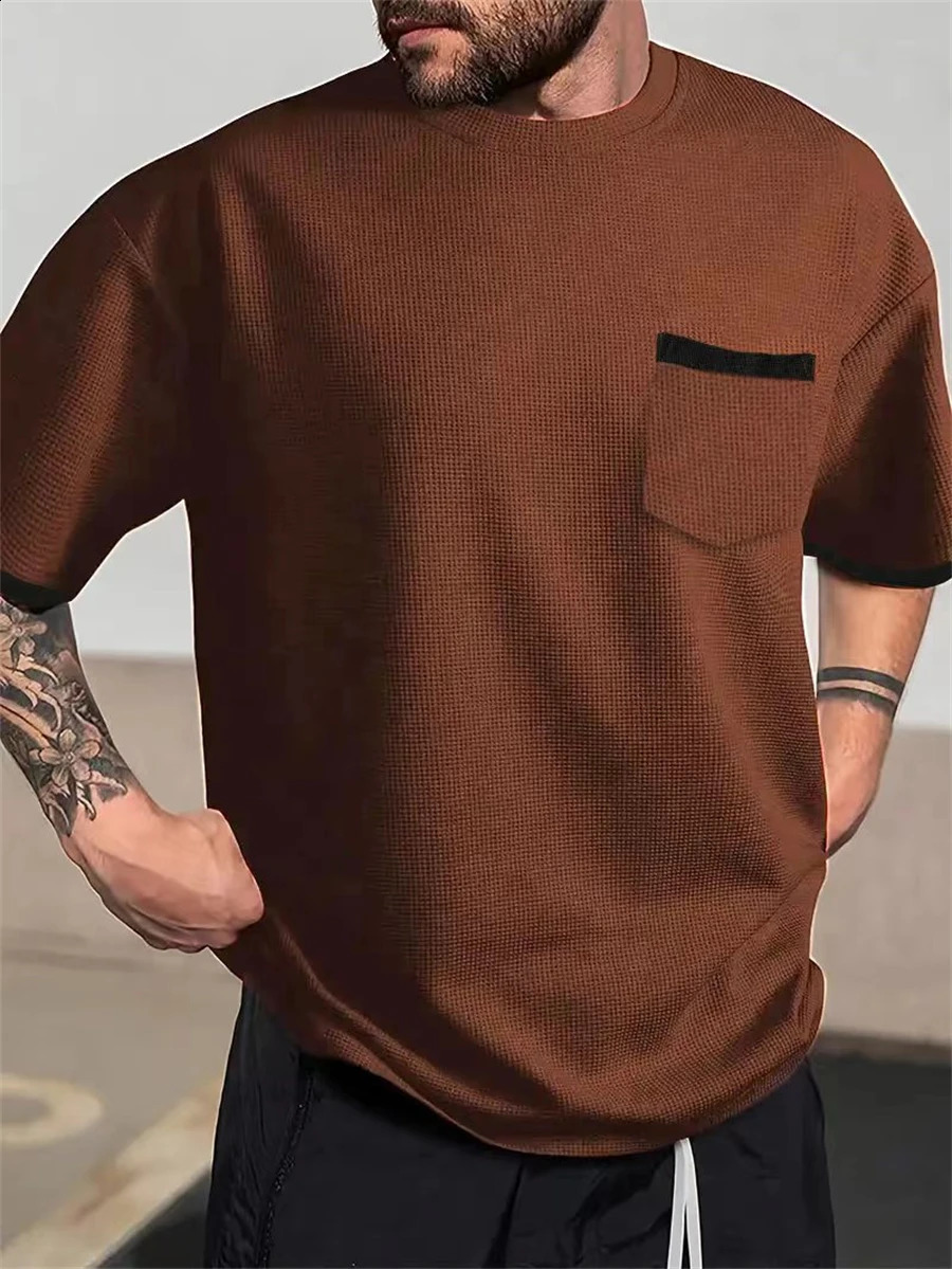 Casual and Simple Style Mens Top Patch Work Bag Fully Matching Texture Handsome Mens Loose Shoulder T-shirt S-2XL 250427