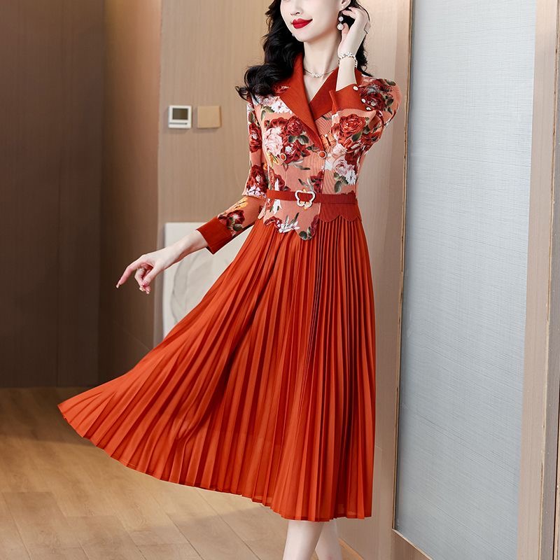 Spring plus size women's clothing 2025 suit collar dress with print, stylish and slimming style D02307
