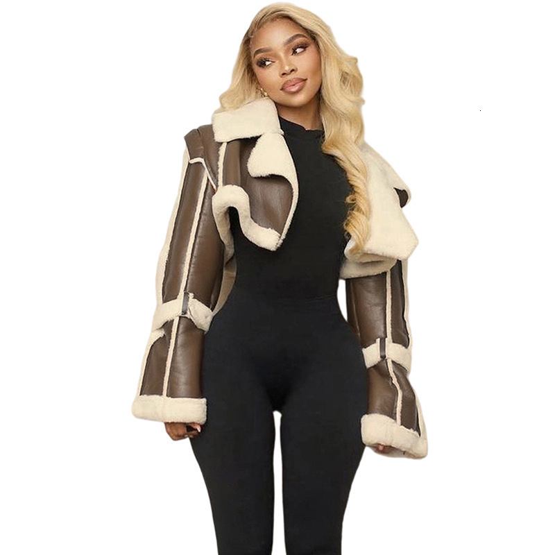 2025 Autumn New Womens Fashion Street PU Leather Patchwork Fur Collar Short Cropped Jacket