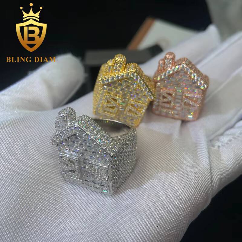 925 Sterling Silver Moissanite Rings House Shape Ring Iced Out Moissanite Hip Hop Jewelry High Quality Diamond Pass Diamond Test