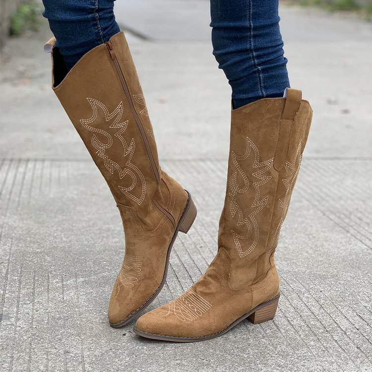 Embroidered Western Cowboy Boots for Women Spring Pointed Toe Thick Heel High Knee Boots Woman Loose PU Leather Long Botas Mujer 36-43