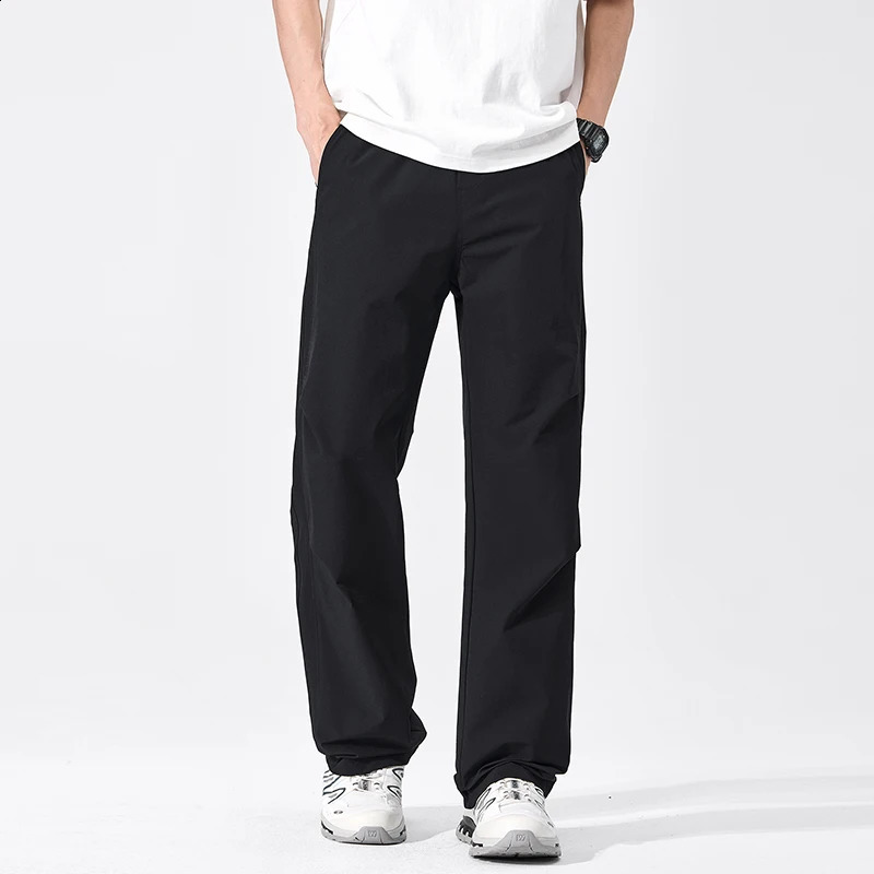 summer thin mens casual pants with elastic waist loose straight tube and micro elastic wide legs 250427