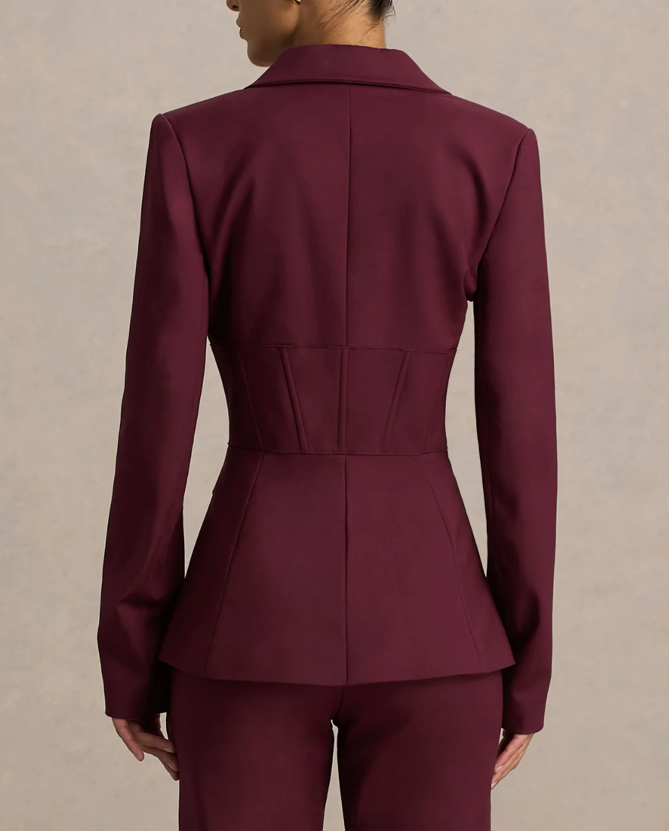 Women's Burgundy Corset Blazer: Premium Thick Crepe Fabric, Deep V Neckline, Corset Cinched Waist, Slim-Fit Formal Suit Jacket for Office & Party