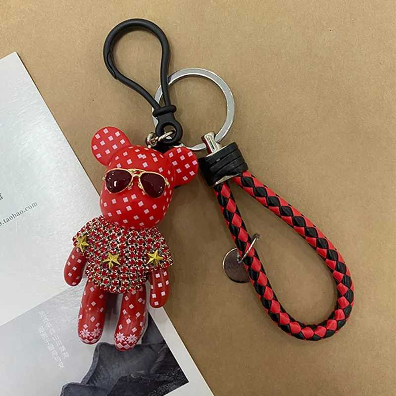 Leather Weave Rope Bomgom Popobe Gloomy Rhinestone Keychain Tassel Glasses Bear Key Chain Ring Holder Bag Charm Black PendantT251127