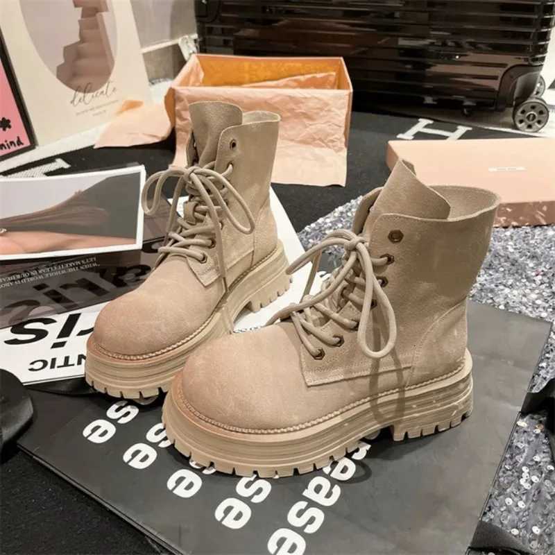 2025 New Suede Leather Thick Sole Ankle Boots Lace-up Round Toe Block Chunky Heel Solid Fion Wens Fion Short Boots Y251126
