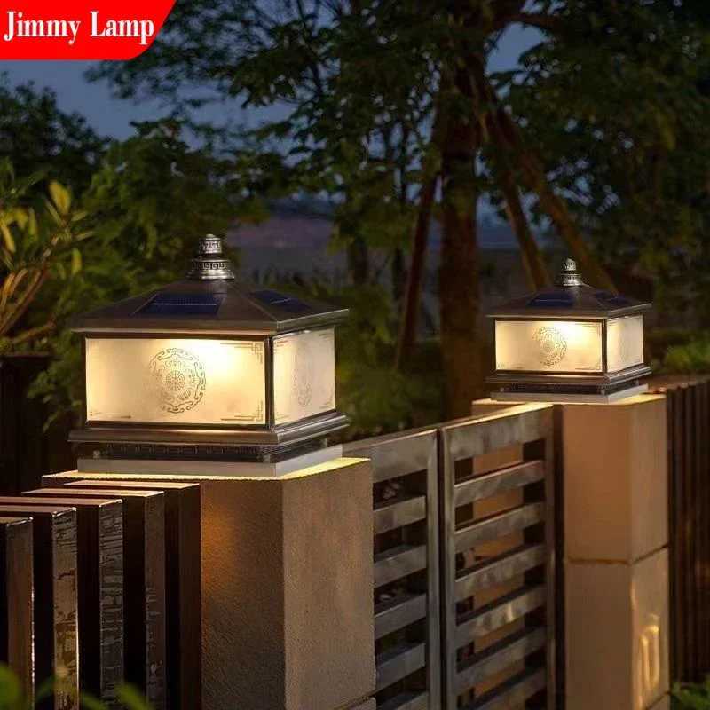 Outdoor Solar Wall Lamp Retro Chinese Brass Column Light LED Waterproof IP65 Home Villa Courtyard Entrance Post Lighting SystemM251127