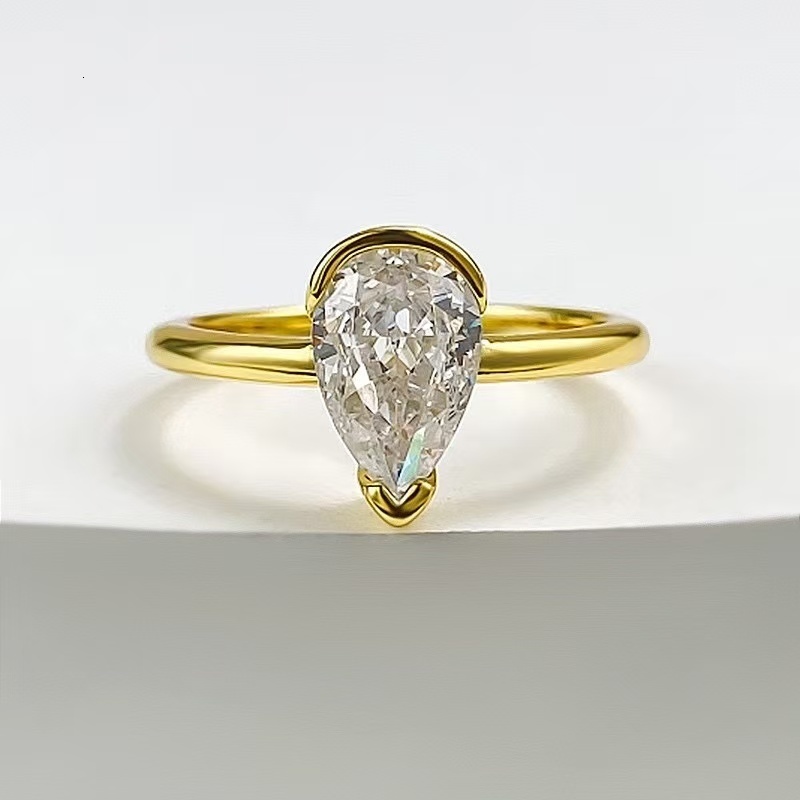 Customized 14K Yellow Gold Half Bezel Setting 6*9 Ridine Che Moissanite Solitaire Wedding Ring Fine Jewelry Women Rings