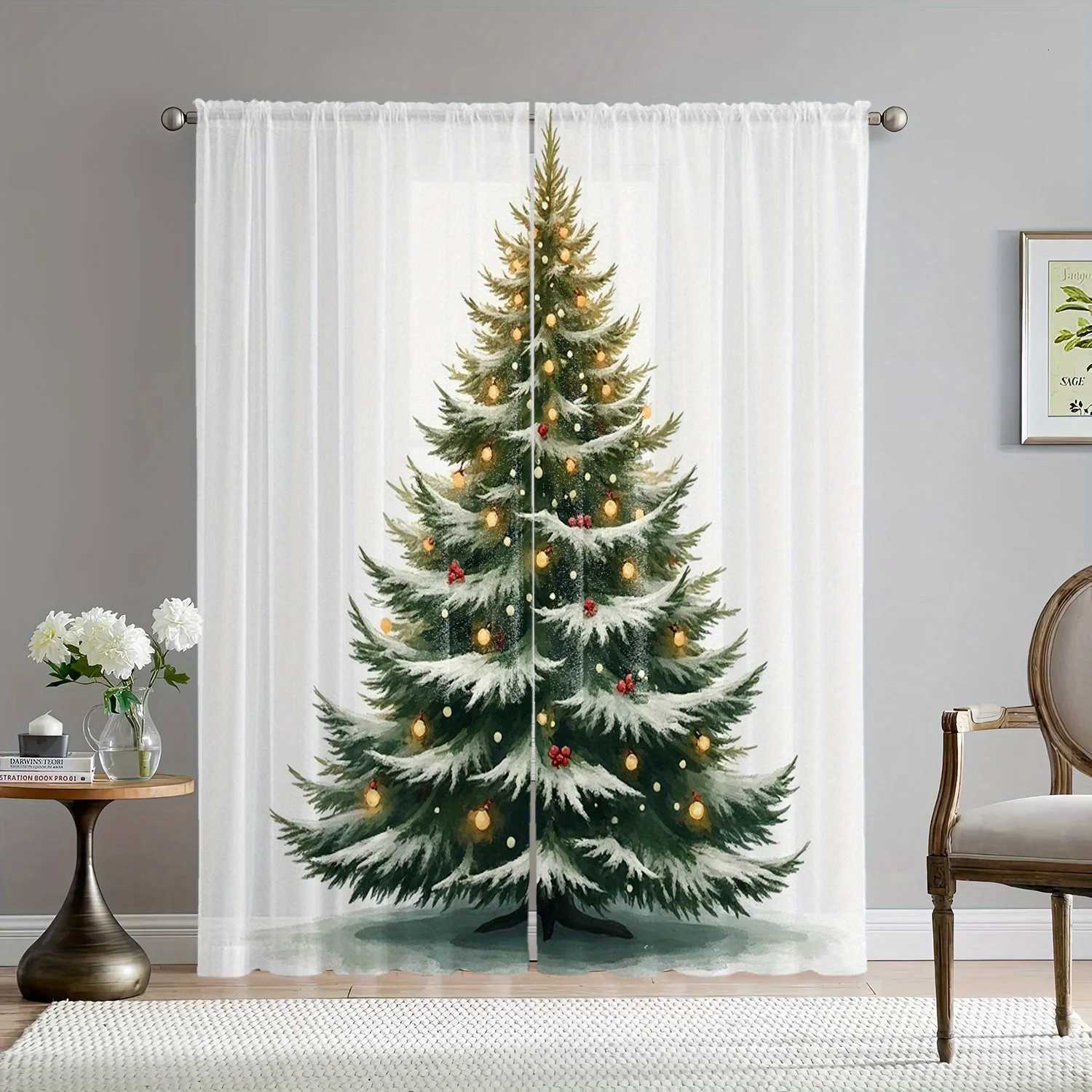 Curtain Christmas Christmas Tree Curtains 2pcs Green White Semi-Sheer Rod Pocket Polyester Machine Washable for Living Room Bedroom Y251126