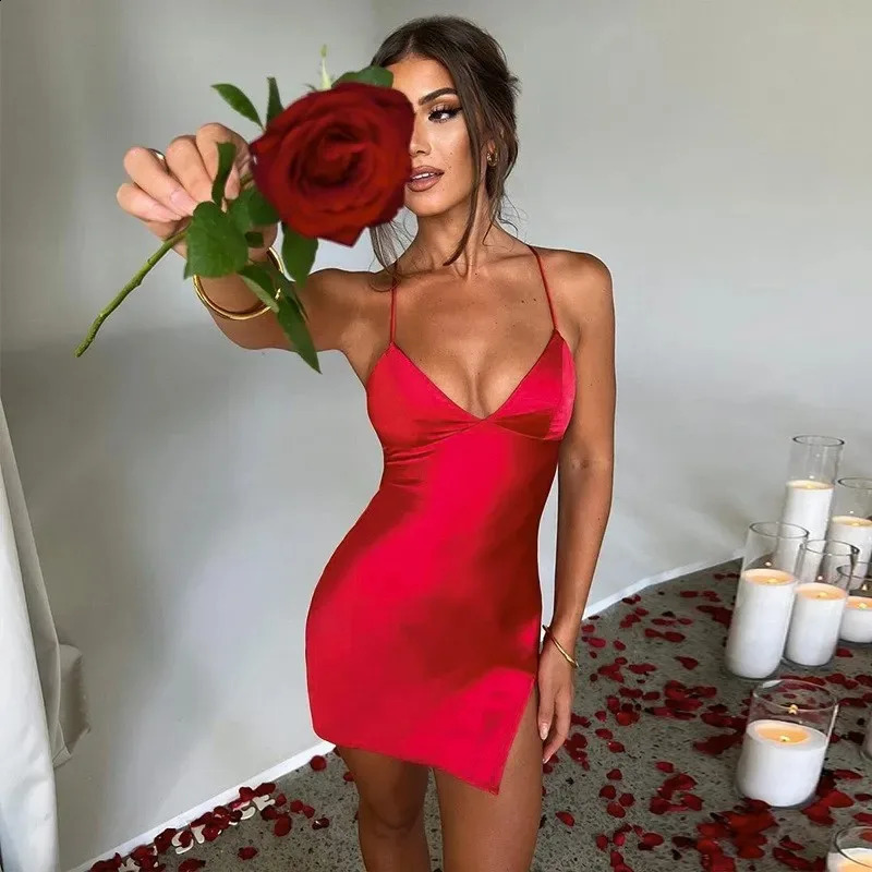 Y2K European and American Summer Party Sexy Spice Tram Hover Sleepless V-neck Solid Color Short Sleeve Split Back Mini D 250427