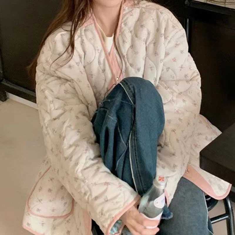 Retro floral small fresh color matching plaid cotton-padded jacket womens autumn and winter plus cotton coats on both sidesXJ251127