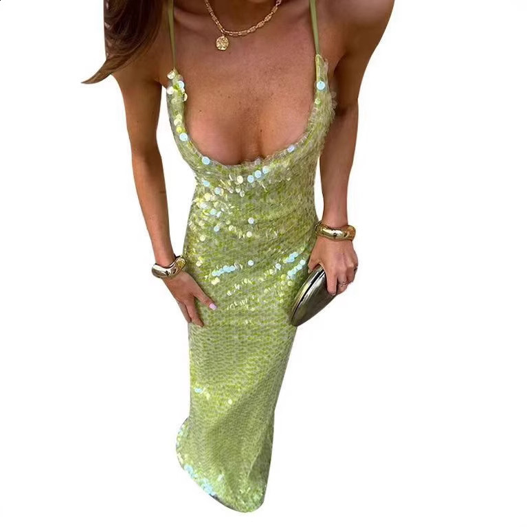 Basic Casual Dresses Green Sequin Glitter Backless Maxi Dress For Women Sexy Swing Collar Sleeveless Skinny Long Vestidos Elegant Night Party Robe 230