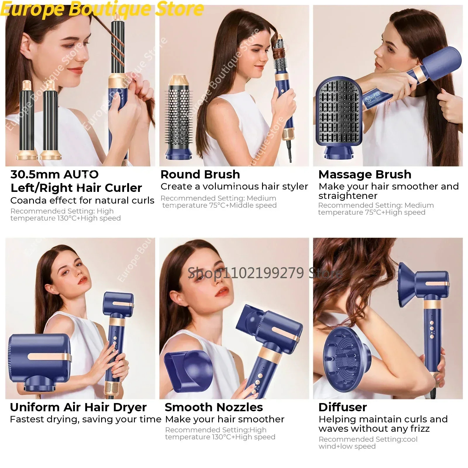 7 In 1 Hair Dryer Brush Brushless High Speed Hair Dryer with Diffuser Ionic Blow Dryer Air Styling Comb Auto Hair Curler 251125