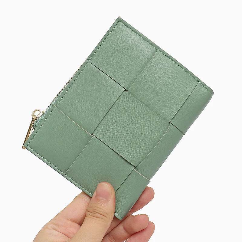 Fashionable Sheepskin Woven Small Wallet Women Brand Design Bifold Zip Closure Real Leather Coin Purses Card Holders Money Bag Designer Wallet