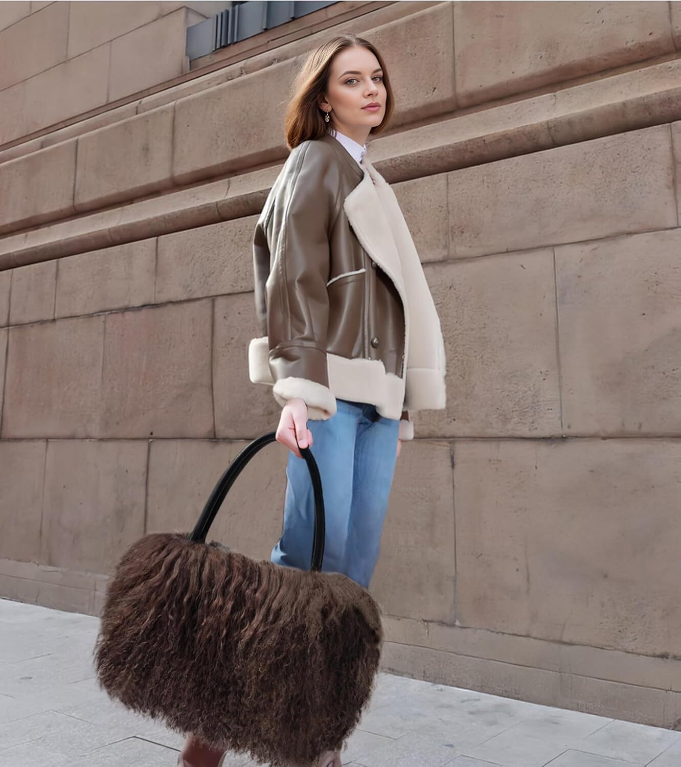 Women's sheepskin/Mongolian same wer veet wool leather, with genuine leather handle handbag