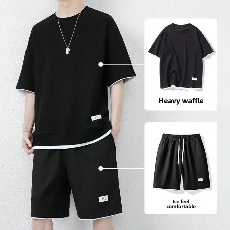 Mens Ice Silk Short sleeved T-shirt Sports Set Sleeveless Casual Shirt Young Style Summer Arrival 250427