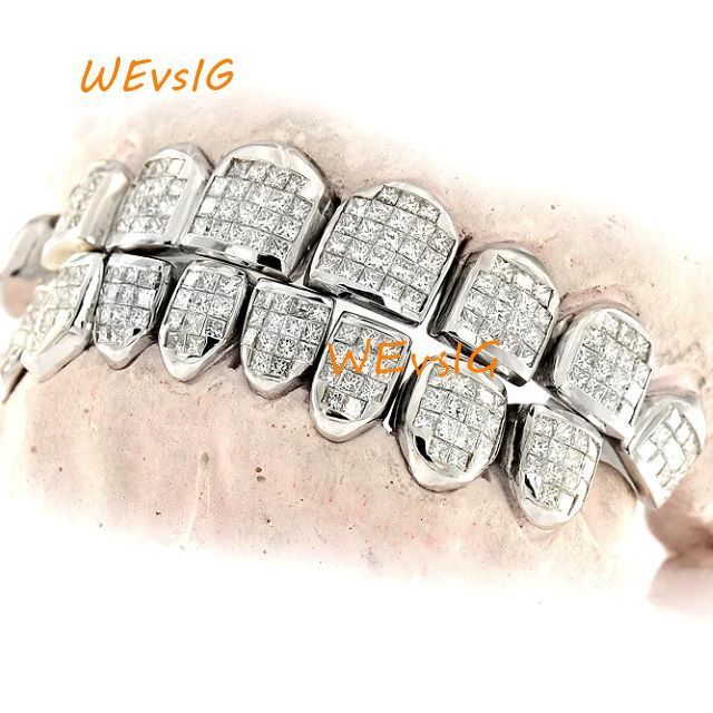 Princess Cut Solitaire 925 Silver invisible setting moissanite teeth Grillz with 8 top 8 bottom